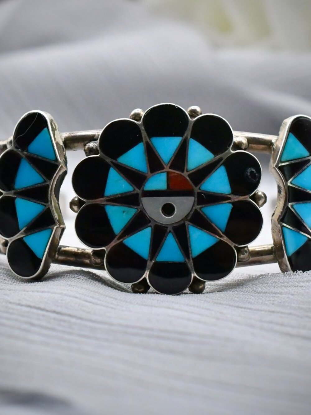 Vintage Zuni Sunface Cuff Bracelet by Delwin Gasper Sterling Silver 925